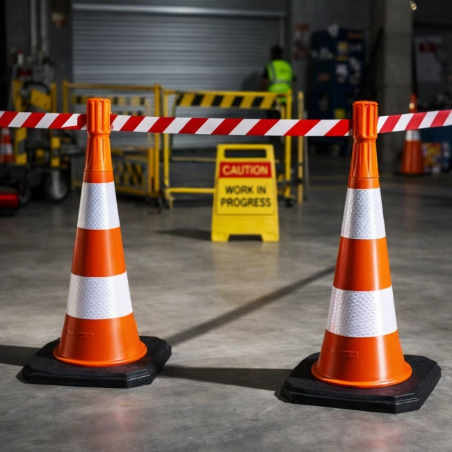 Pachołek drogowy z taśmą 3,65 m Tensacone – słupek BHP 100 cm